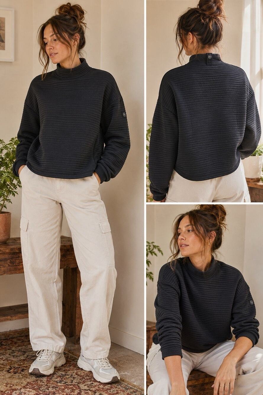 prAna Women’s Small Black Ribbed Quilted Mock Neck Pullover Sweatshirt